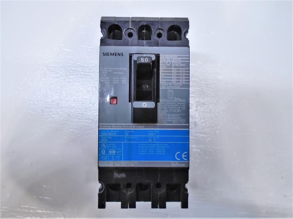 Siemens Sentron Circuit Breaker, 50 Amps, 600 VAC, 3-Pole, ED63B050